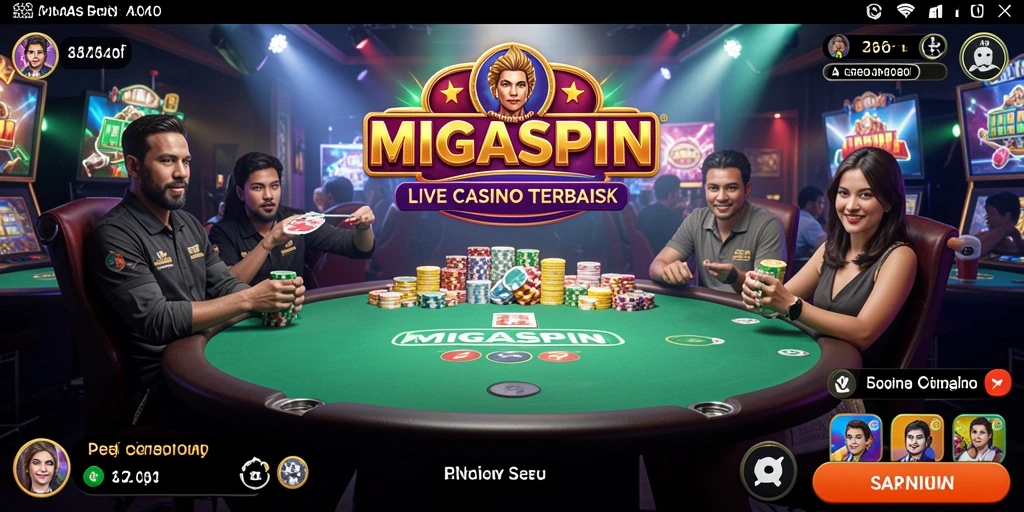 Tampilan gameplay <strong>MIGASPIN</strong> dengan dealer langsung dalam suasana kasino.