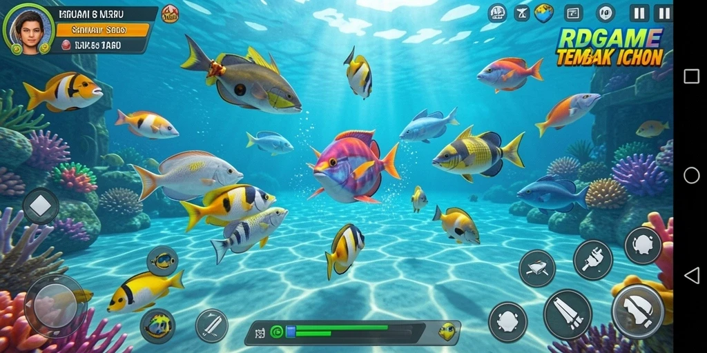Tampilan gameplay RPGAME saat menembak ikan di lautan.